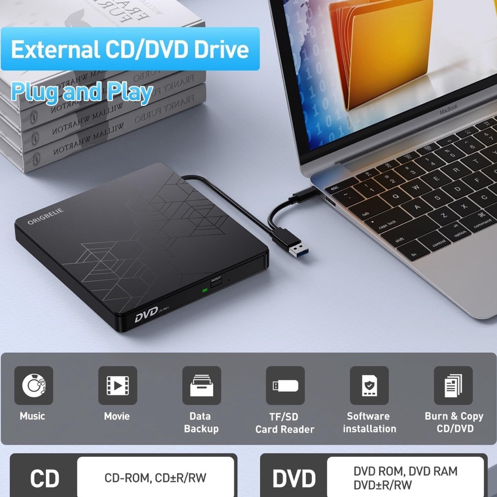Brand New, ORIGBELIE External CD/DVD Reader and Burner - Picture 2 of 9
